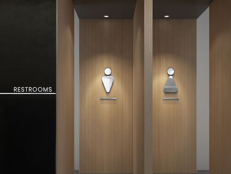 restroom signage mockup in modern interior by izhar marajo Modern Office Bathroom Design, Restroom Signage Design, Office Restroom Design, Toilet Signage Design, Public Toilet Interior, Toilet Interior Design, Restroom Interior, Wc Signage, Washroom Signage