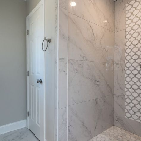 24x48" Carrara Armada Porcelain Tile Large Tile Bathroom, Large Shower Tile, Master Bath Tile, Porcelain Tile Bathroom, Tile Tub Surround, Doorless Shower, Master Bath Shower, Bathroom Addition, Shower Wall Tile