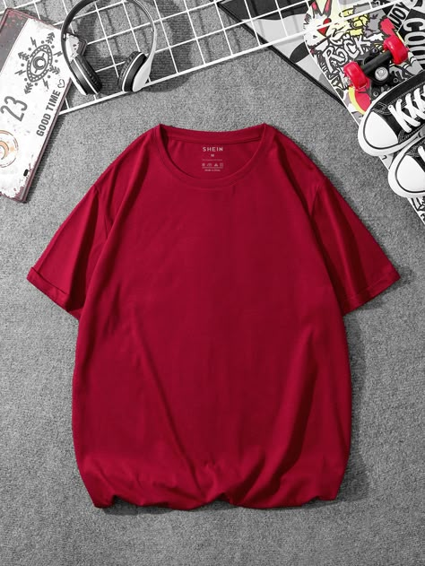 Burgundy Basics  Short Sleeve Polyester Plain  Embellished Slight Stretch Summer Men Tops Student Couple, Blank T Shirts, Clothing Mockup, Easy Trendy Outfits, Round Neck Tees, Plus Size Fashion For Women, Couple T-shirt, Anime Shirt, Mens Tee Shirts