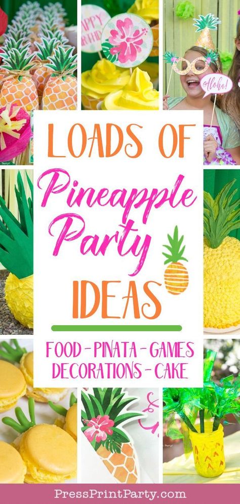 How To Make A Pineapple Out Of Balloons, Pineapple Party Food, Aloha Party Ideas, Pineapple Centerpiece Ideas, Luau Birthday Party For Kids, Pineapple Themed Birthday Party, Pineapple Party Ideas, Pineapple Macarons, Pineapple Decorations