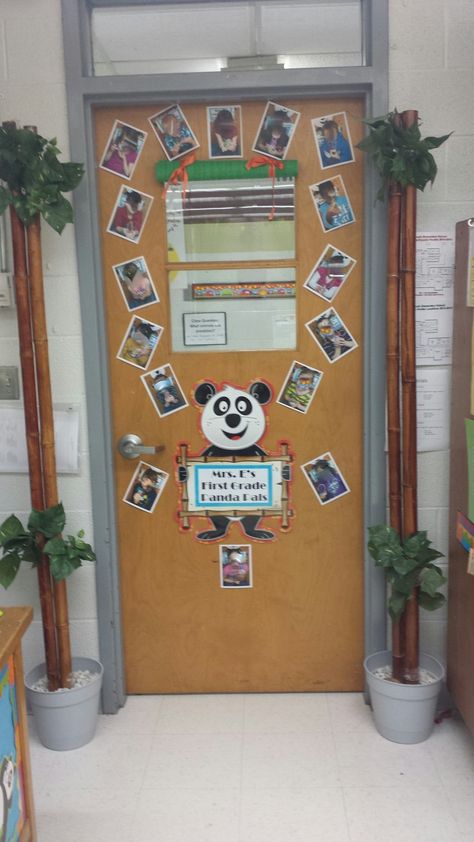 Fun way to display my students' pictures for panda theme classroom with faux bamboo planters Panda Classroom, Bamboo Planters, Kindergarten Classroom Themes, Classroom Kindergarten, Panda Theme, Panda Decorations, Student Picture, Bamboo Planter, Nursery Wall Art Girl