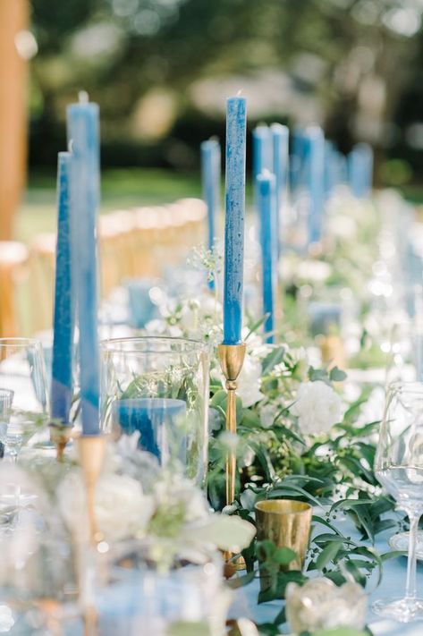 Taper Candle Centerpiece, Blue Taper Candles, Blue Wedding Centerpieces, Blue Candlesticks, Charleston Weddings, Blue Candle, Blue Inspiration, Wedding Colors Blue, Rustic Wedding Centerpieces