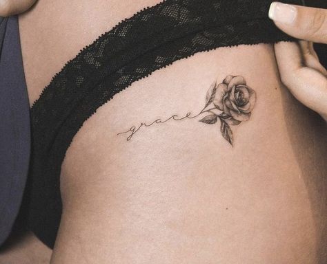 Rose Tattoos Ribs, Rose With Initials Tattoo, Small Rose Hip Tattoo, Panty Line Tattoos For Women, Hip Tattoo Rose, Small Flower Tattoos For Women, Small Thigh Tattoos, Side Hip Tattoos, Tiny Flower Tattoos