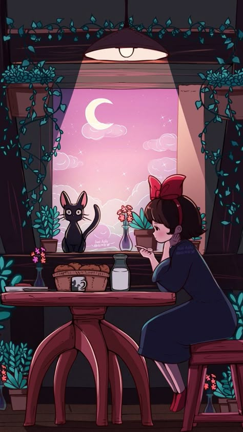 Kikis Delivery Service Art, All Studio Ghibli Movies, Wallpaper Gatos, Studio Ghibli Wallpaper, Chill Night, Studio Ghibli Background, Studio Ghibli Characters, Ghibli Artwork, Wallpaper Doodle