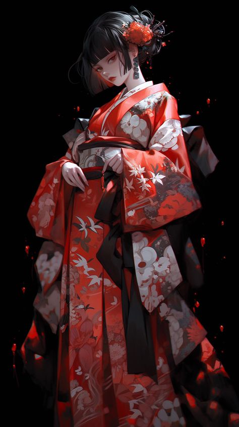 Traditional Japanese Woman Art, Red Kimono Aesthetic, Jjk Shifting, Red And Black Kimono, Red And White Kimono, Female Kimono, Crimson Knight, Kimono Aesthetic, Magic People