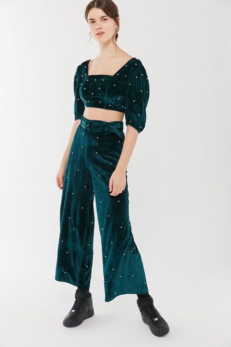 UO Perla Embellished Velvet Wide Leg Pant | Urban Outfitters Velvet Clothes, Trendy Skirts, Fashion To Figure, Velvet Top, Velvet Skirt, Designer Dresses Indian, Suit Designs, Wide Leg Pant, Velvet Tops