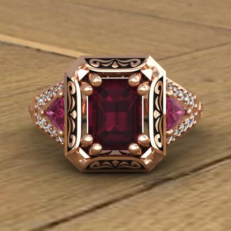 Rhodolite Garnet and Pink Tourmaline Ring Emerald Cut - Etsy Luxurious Rings, Estate Engagement Ring, Leaf Carving, Mens Ring Designs, Pink Tourmaline Ring, Gold Statement Ring, Gold Ring Designs, Garnet Jewelry, Ring With Diamond