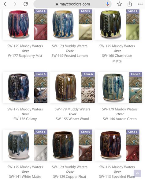 Mayco Muddy Waters combinations Mayco Muddy Waters Glaze Combinations, Mayco Elements Glaze Combinations, Muddy Waters Glaze Combinations, Muddy Waters Glaze, Mayco Glaze, Glaze Combinations, Glaze Combos, Pottery Glaze, Amaco Glazes