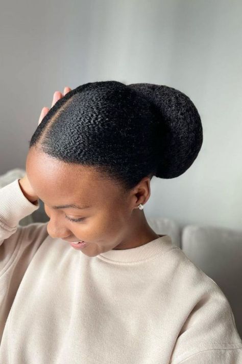 Low Sleek Natural Hair Bun Bun With Natural Black Hair, High Bun Hairstyles For Black Women Natural, Low Natural Bun Black Women, Natural Hair Buns For Black Women, Sleek Bun Natural Hair, Natural Hair Low Bun, Updo Hairstyles Natural Hair, Sleek Natural Hairstyles, Homebody Essentials