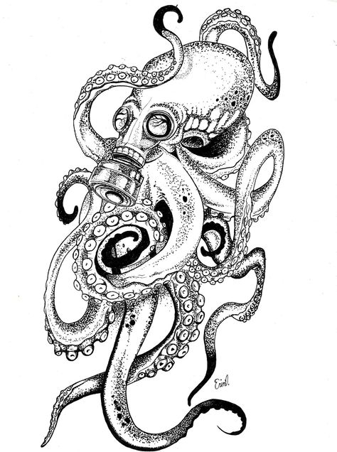 Steampunk octopus! Octopus Stippling Art, Octopus Tattoo Design Sketches, Octopus Drawing Sketches, Octopus Art Drawing, Sea Creature Tattoo, Small Octopus Tattoo, Underwater Dance, Octopus Sketch, Science Tattoo