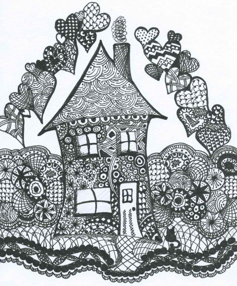 Zentangle Houses Doodles, Buku Art, Zentangle House, Zentangle Houses, Doodle Houses, Fantasy Houses, Doodle Art Letters, Doodle Art For Beginners, Zen House