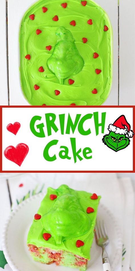 grinch cake on white plate Grinch Treats, National Candy Day, Grinch Birthday, Green Frosting, Grinch Ideas, Mini Loaf Cakes, Grinch Cake, Grinch Cookies, Grinch Crafts