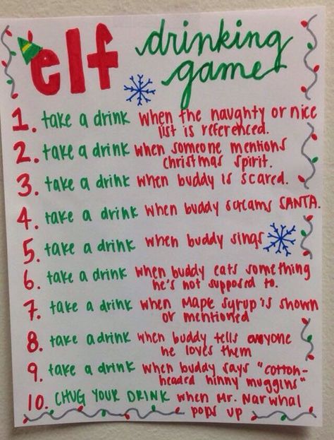 Elf Drinking Game, Christmas Drinking Games, Movie Drinking Games, Drunk Games, Christmas Party Drinks, Drinking Games For Parties, Adult Christmas Party, Fun Drinking Games, Christmas Drinking