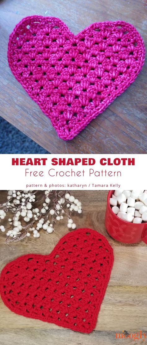 Heart Shaped Cloth Heart Shaped Crochet Pattern, Crochet Heart Patterns, Free Heart Crochet Pattern, Crocheted Hearts, Crochet Heart Blanket, Crochet Valentine Patterns, Fiber Crafts, Crochet Heart Pattern, Dishcloth Crochet Pattern