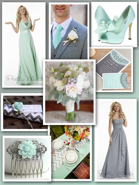 Mint & Grey colour scheme with Pretty Maids. wedding bridesmaid dresses Teal And Gray Wedding Ideas, Mint And Grey Wedding, Wedding Colors Teal And Gray, Mint And Silver Wedding, Teal And Grey Bridesmaid Dresses, Dark Blue Wedding, Light Sea Green, Wedding Color Combos, Grey Color Scheme