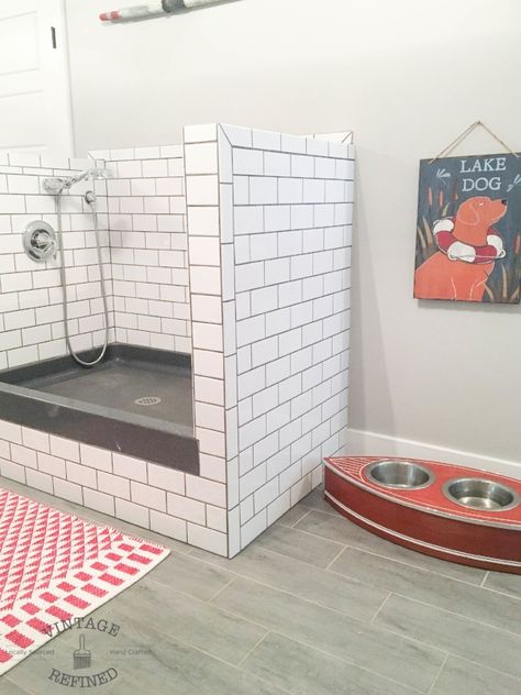 Vintage Refined - Mud Room Renovation Reveal Tiled Dog Wash Station, Large Dog Bathing Station, Tile Dog Wash Station, Dish Washing Area Ideas, Pet Bathing Station, Dog Bathtub, Dog Tub, Veranda Design, Gray Grout