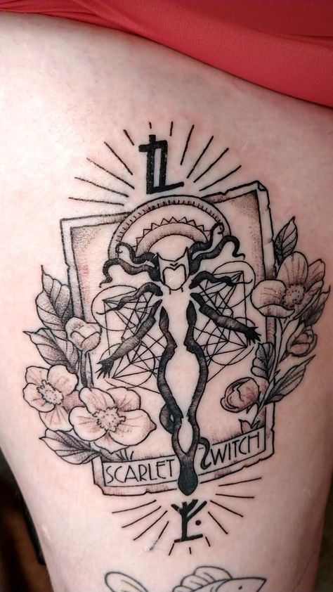 Scarlet Witch Tarot Card, Couples Line Tattoo, The Scarlet Witch Tattoo, Wanda Tattoo Ideas, Scarlet Witch Crown Tattoo, Scarlett Witch Tattoo, Wanda Maximoff Tattoo, Magneto Tattoo, Supergirl Tattoo