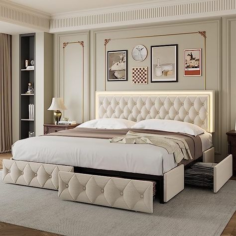 Amazon.com: Keyluv Queen Upholstered LED Bed Frame with 4 Drawers, Velvet Platform Storage Bed with Adjustable Button Tufted Headboard and Solid Wooden Slats Support, No Box Spring Needed, Beige : Home & Kitchen Full Size Storage Bed, Cama Queen Size, Led Bed Frame, Full Size Platform Bed, Queen Size Platform Bed, Full Size Bed Frame, Queen Size Bed Frames, Queen Platform Bed, Cama Queen