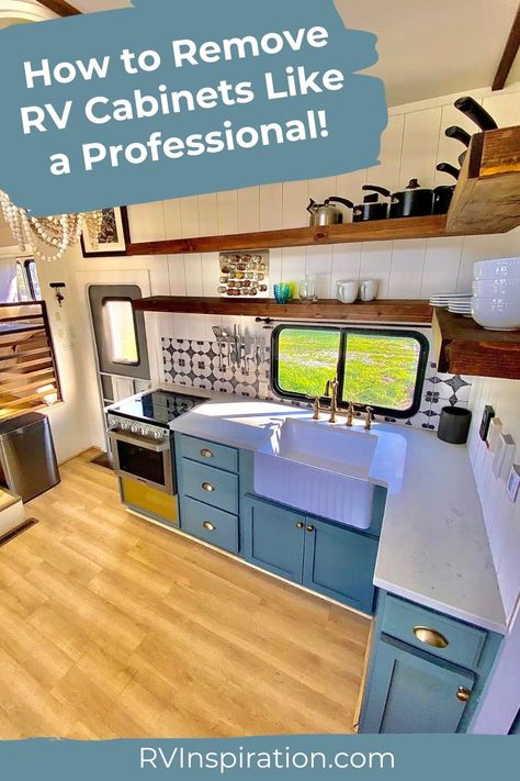 Many RVers love the look of open shelves in their kitchen and bathroom. Removing big, bulky camper cabinetry can seem daunting if you’ve never done it before. But have no fear, I’m going to tell you everything you need to know to make it as easy as possible to remove RV cabinets! #rvinspiration #rvtips #rvrenovation Rv Skirting, Rv Cabinets, Rv Inspiration, Rv Dreams, Camper Organization, Rv Makeover, Rv Kitchen, Diy Rv, Rv Storage