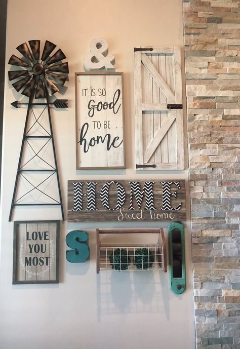 Farmhouse style gallery wall, windmill and barn door wall decor Windmill Wall Decor Ideas, Half Windmill Wall Decor, Windmill Wall Decor Farmhouse, Barn Decorating Ideas, Windmill Decor Farmhouse, Barn Door Wall Decor, Barn Door Wall, Rustic Gallery Wall, Barn Door Decor