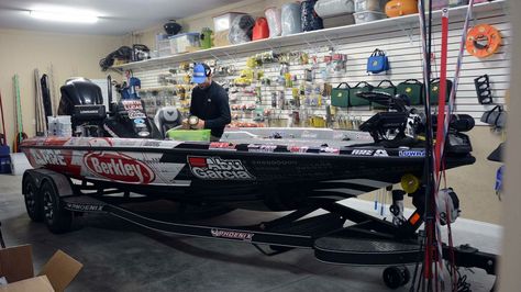 Justin Lucas confesses that he is the most organized pro on the tour when it comes to Man Cave environment. Fishing Room Man Caves, Bass Boat Storage, Barn Man Cave, Bass Boat Ideas, Fishing Man Cave, Cave Environment, Boat Organization, Fishing Organization, Boat Garage