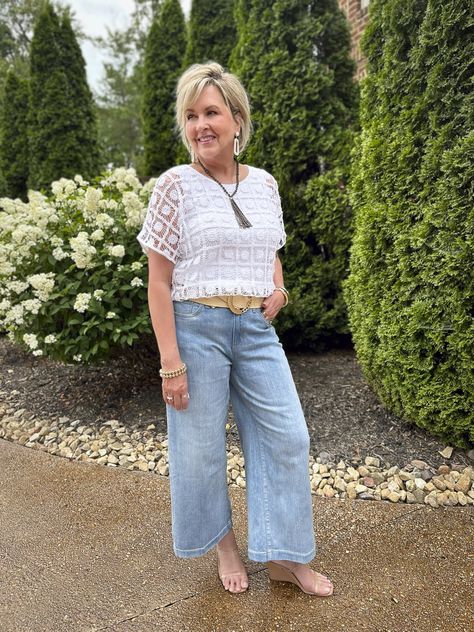 50 Womens Fashion Over 50 Outfit Ideas, 50 Womens Fashion, Tania Stephens, Over 50 Fashion, Chicos Fashion, Lake Outfit, Wide Legged Jeans, Crochet Pieces, Summer Fashions