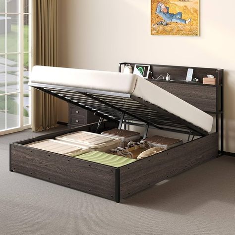 Amazon.com: Albott Full Size Bed Frame with Lift Up Storage, Wooden Platform Bed Frame with Storage Headboard ＆ Charging Station, No Spring Box Needed/Noise Free, Rustic Brown : Home & Kitchen Beds With Hydraulic Storage, Wooden Platform Bed Frame, Platform Bed Frame With Storage, Bed Frame Wooden, Lift Up Storage Bed, Lift Up Bed, Bed Frame With Storage Headboard, Functional Headboard, Loft Bed Plans