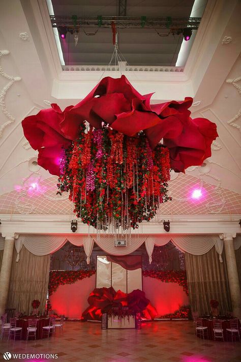 Giant Flowers, Hanging Flowers, Wedding Stage, The Ceiling, Ceiling Decor, Wedding Deco, Red Wedding, Wedding Backdrop, San Valentino