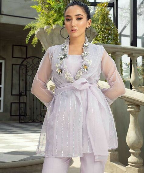 Organza Co Ord Set, Coords Set, Designer Dresses Couture, Lilac Fabric, Dresses Couture, Short Frock, Candles Wedding, Stylish Short Dresses, Pakistani Fancy Dresses