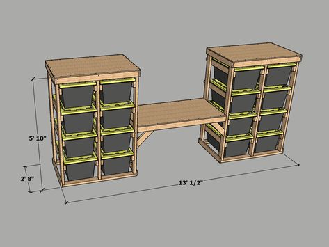 2in1 Workbench & Storage Shelves 16 Unit 27 Gallon Tote Storage Rack Storage Rack Digital Plan 💖#freepatterns #sewingpatterns #sewingpattern #pdfsewingpatterns #sewing #handmade #diyfashion #dressmaking #sewingprojects #sewinglife Garage Storage For Wood, Storage Room Remodel, Wood Shed Organization, Lawn Equipment Storage Ideas, Building Storage Ideas, Scrap Wood Storage Ideas, Shop Shelving Ideas, 27 Gallon Tote Storage, Storage Shelving Ideas