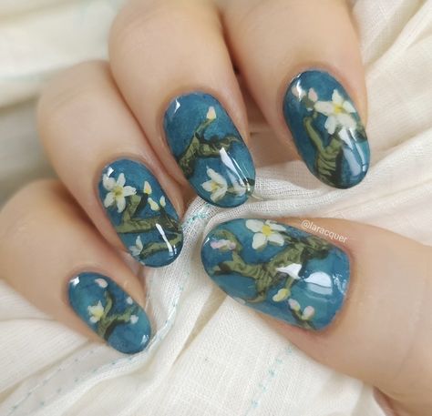 Van Gogh Nails, Freehand Nail Art, Van Gogh Almond Blossom, Almond Blossom, Cute Nail Art, Van Gogh, Cute Nails, Nail Inspo, Almond