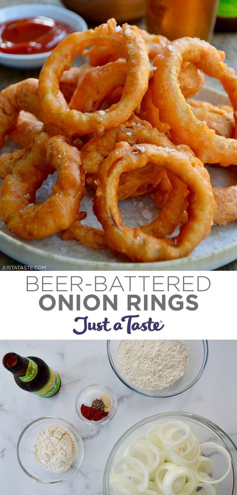 Top image: Homemade beer-battered onion rings piled high on a plate. Bottom image: A top-down view of four different-sized clear bowls containing sliced onions, flour and spices next to a bottle of beer. Best Onion Ring Batter, Homemade Onion Rings For Freezer, Onion Rings Recipe Beer Battered, Homemade Onion Rings Batter, Beer Battered Onion Rings Air Fryer, Best Beer Batter Recipe, Beer Battered Pickles, Buttermilk Onion Rings Recipe, Onion Ring Batter Easy