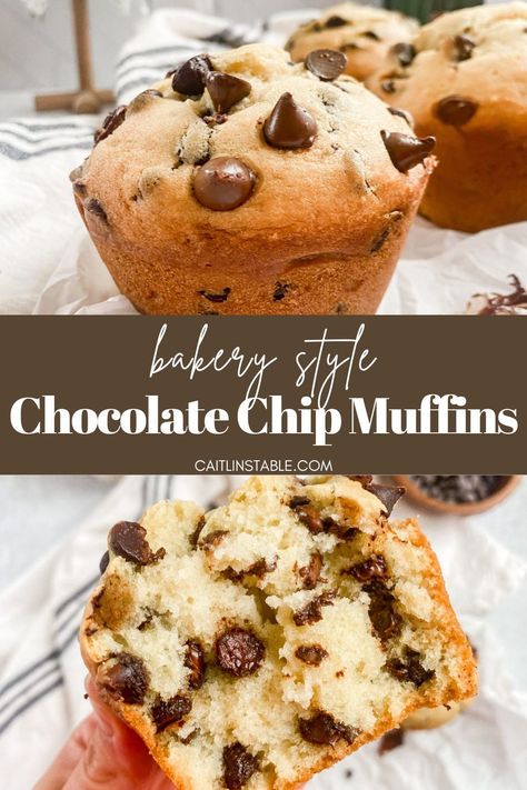 Check out these bakery style chocolate chip muffins! With simple and basic ingredients, these easy chocolate chip muffins from scratch are a delightful homemade treat or sweet breakfast idea. Find this and more chocolate baking recipes on the blog. Bakery Style Chocolate Chip Muffins, Homemade Chocolate Chip Muffins, Cozy Bakery, Chocolate Chip Muffins Easy, Choc Chip Muffins, 3 Ingredient Desserts, Simple Muffin Recipe, Frozen Chocolate, Choco Chips