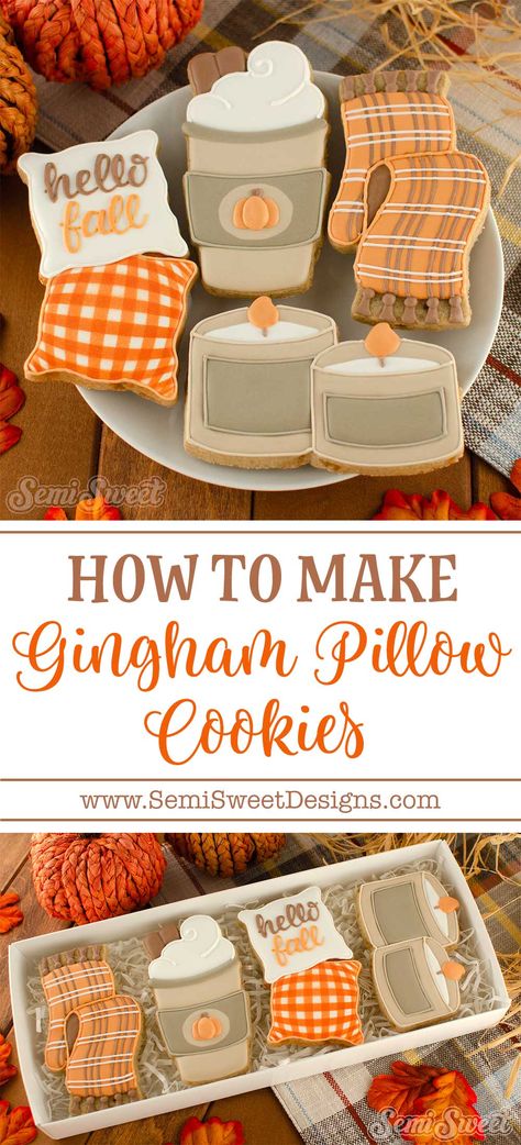 Thanksgiving Baking Recipes, Pillow Cookies, Gingham Pillow, Thanksgiving Baking, Orange Icing, Cookie Time, White Icing, Diy Cookie, Fall Cookies