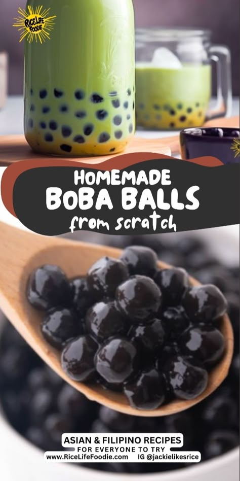 Craving a delicious bubble tea drink or a punchbowl full of boba drink, but want to skip the trip to the café? Making homemade boba balls is easier than you might think! With just a few ingredients, you can create chewy, delicious tapioca pearls that elevate your bubble tea experience. This boba balls recipe is an easy guide to your next boba adventure and you'll be on your way to make boba pearls from scratch. While it's easy to buy pre-made boba, making them from scratch allows you to customize the size, sweetness, and texture. Like I mentioned, you also get to know every single ingredient which is peace of mind for some individuals.  It is a work of art and the finished product...so much better because of the hand-crafted love. Boba Balls Recipe, Boba Making, Bubble Tea Homemade, Easy Bubble Tea Recipe, Boba Balls, Homemade Boba, Boba Recipe, Boba Tea Recipe, Asian Dessert Recipes