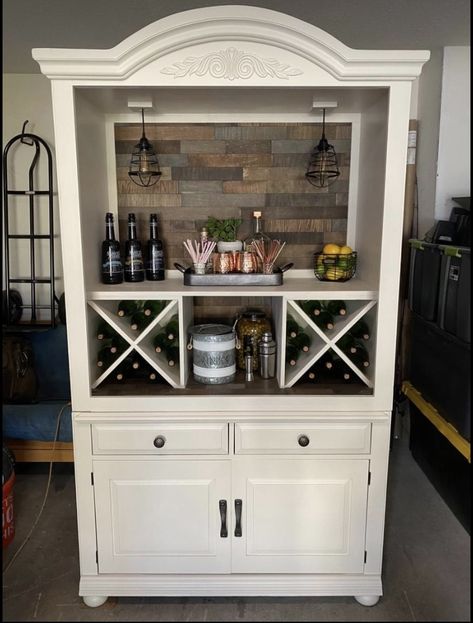 Armoire Wine Cabinet, Wine Bar China Cabinets, Armoire Repurpose Bar, Armoire Bar Makeover, Wine Armoire Ideas, Diy Wine Bar Cabinet, Repurposed Bar Cabinet, Armoire Liquor Cabinet, Armoire Bar Diy