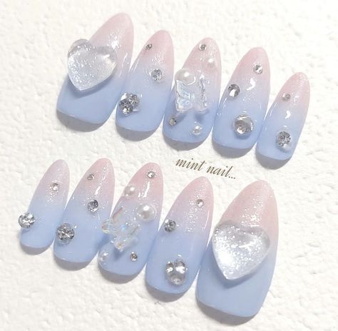 Rose Quartz And Serenity Nails, Svt Nails Design, Minghao Nails, Svt Inspired Nails, Kokomi Nails, Blue Nails Ombre, Blue Nails Cute, Ombre Nails Gel, Cinnamoroll Nails