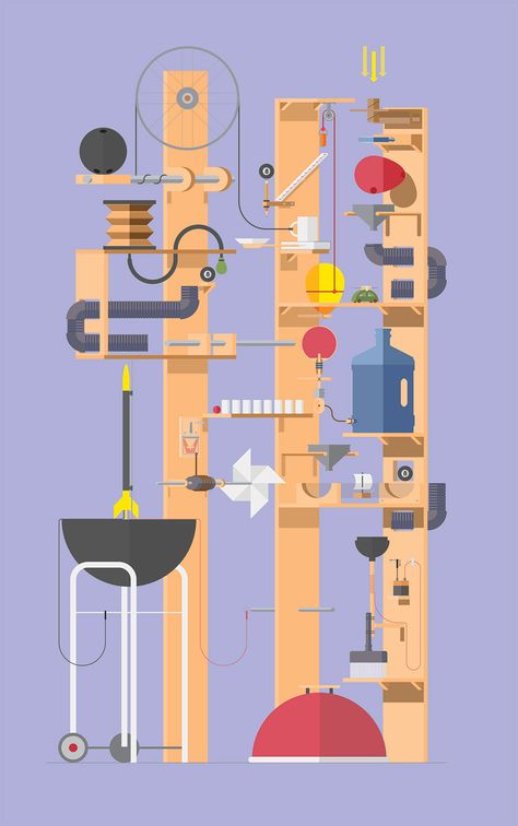 Simple Machines Activities, Firefly Painting, Kingsford Charcoal, Goldberg Machine, Machine Illustration, Bee Artwork, Rube Goldberg, Rube Goldberg Machine, Artwork Lighting