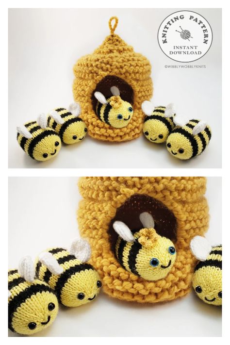 Hide-Away Beehive and Bees Knitting Pattern Beehive Knitting Free Pattern, Knitted Bees Pattern, Bumble Bee Knitting Pattern Free, Beehive Crochet Pattern Free, Beehive Crochet Pattern, Crochet Beehive Pattern, Crochet Beehive Pattern Free, Knitted Bee Pattern Free, Crochet Bee Hive Pattern Free