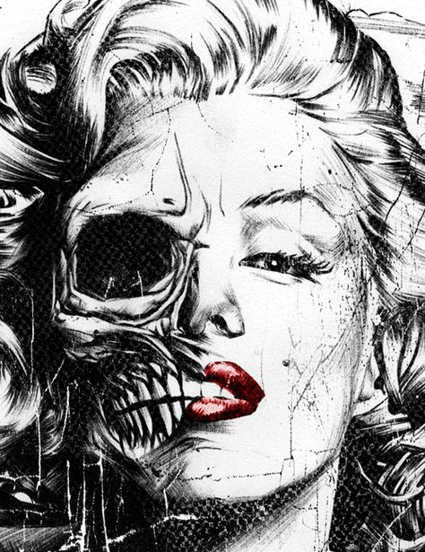 Two of my favorite things - zombies and Marilyn Monroe. I love vintage, classic beauty and femininity, but I also love zombies and things that are more "edgy." The juxtaposition of the two show that your style and taste do not have to be limited. Half Skull Face, Catrina Tattoo, Half Skull, Marilyn Monroe Art, Kunst Inspiration, Skull Face, A Skull, Skull Tattoos, Arte Pop