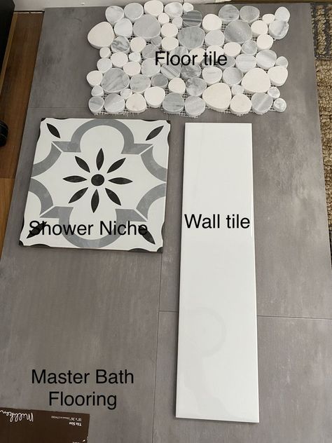 Bathroom Tile Combination Ideas, Modern Farmhouse Master Bath Tile, Bathroom Shower Tile Combinations, Farmhouse Bathroom Tile Shower Ideas, Master Bath Tile Combinations, Tile Combinations Bathroom, Shower Niche Tile Ideas, Bathroom Wall Art Ideas, Tile Design Bathroom