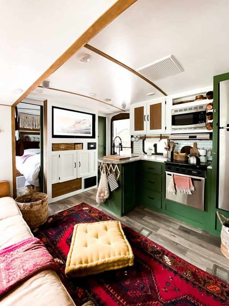 Camper Renovation DIY you must see! Wow! Bold colors, eclectic design, and just a gorgeous makeover all around! #camperrenovation #camperreno #rvrenovation #bohorvreno #rvreno #campermakeover Eclectic Camper Interior, Jayco Renovation, Airbnb Camper, Eclectic Camper, Camper Living Hacks, Colorful Camper, Rv Interior Remodel, Camper Interior Design, Tiny House Camper