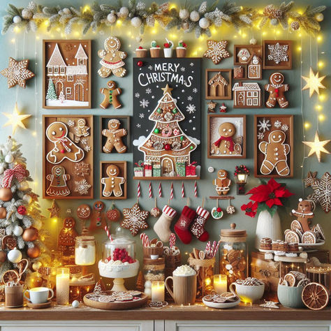 Christmas Gingerbread Aesthetic, Gingerbread Christmas Display, Gingerbread Christmas Theme, Christmas Wall Display, Gingerbread Themed Christmas, Cocoa Bar Christmas, Dinner Display, Gingerbread Display, Hot Cocoa Bar Christmas