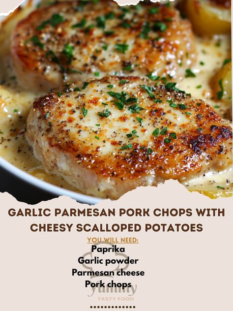 🧀🍖 Indulge in the ultimate comfort food with Garlic Parmesan Pork Chops and Cheesy Scalloped Potatoes—pure savory goodness! 🍽️✨ #ComfortFood #EasyDinners Garlic Parmesan Pork Chops with Cheesy Scalloped Potatoes Ingredients: Pork chops (4, bone-in or boneless) Parmesan cheese, grated (1/2 cup) Garlic powder (1 tsp) Paprika (1 tsp) Salt (1/2 tsp) Black pepper (1/2 tsp) Olive oil (2 tbsp) Yukon gold potatoes, thinly sliced (4 large) Heavy cream (1 1/2 cups) Cheddar cheese, shredded (1 cup) F... Garlic Parmesan Pork Chops With Cheesy Potatoes, Garlic Parmesan Pork Chops With Scalloped Potatoes, Creamy Garlic Pork Chops With Cheesy Potatoes, Garlic Parmesan Pork Chops And Potatoes, Garlic Parmesan Pork Chops With Cheesy Scalloped Potatoes, Porch Chop Dinner Ideas, Garlic Parm Pork Chops, Scalloped Potatoes And Pork Chops, Pork Chops And Scalloped Potatoes