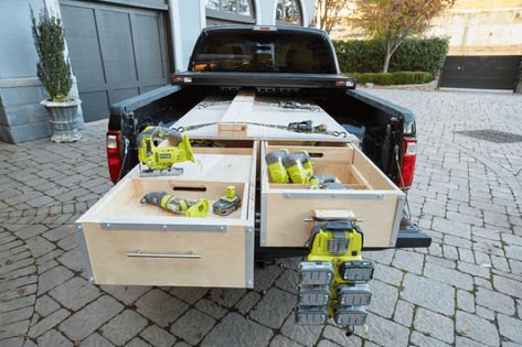 4 Truck Toolbox Organization, Truck Bed Box, Truck Accessories Diy, Truck Bed Drawers, Tool Box Organizer, Diy Truck Bedding, Truck Bed Tool Boxes, Truck Bed Organization, Truck Organization