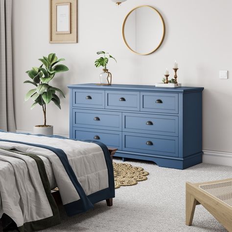 Moasis 7 Drawer Mid Century Modern 57.8" W Double Dresser - On Sale - Bed Bath & Beyond - 38211354 Navy Furniture Bedroom, Blue Dresser Bedroom, Navy Blue Dresser, Navy Furniture, Dresser Diy, Condo Bedroom, Blue Dresser, Bedroom Drawers, Dining Cabinet