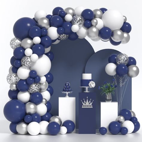 Gold Theme Party Decorations, Blue Graduation Party, Silver Party Decorations, White Party Decorations, Blue Party Decorations, Balloons Arch, Silver Confetti, Blue Graduation, Gold Party Decorations