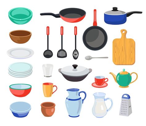 Kitchenware and dishes illustrations set... | Premium Vector #Freepik #vector #utensils #kitchen-utensils #cooking-utensils #kitchen-equipment Dishes Illustration, Dish Illustration, Kitchen Utensils Illustration, Kitchen Tools And Equipment, Wooden Cooking Utensils, Different Tools, Cooking Dishes, Paper Background Design, Cooking Utensils Set