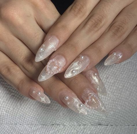 White Ethereal Nails, White Korean Nails, Txt Nails, Slay Nails, Gel Ombre, Coquette Nail, Nail Aesthetics, Grad Nails, Nails Board