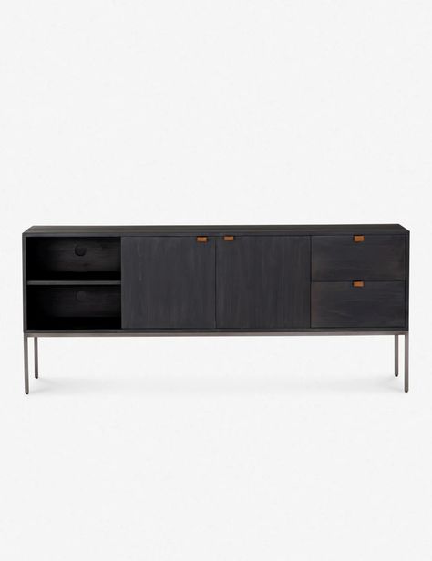 Rosamonde Wood Media Console with Storage Media Console Black, Console With Storage, Disc Interiors, Leather Drawer, Wood Media Console, Holiday Living Room, Modern Media Console, Leather Drawer Pulls, Long Lumbar Pillow